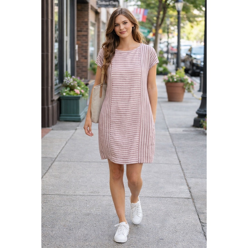 T2 Madewell Women's Daphne Striped Linen Dress in Mauve XS